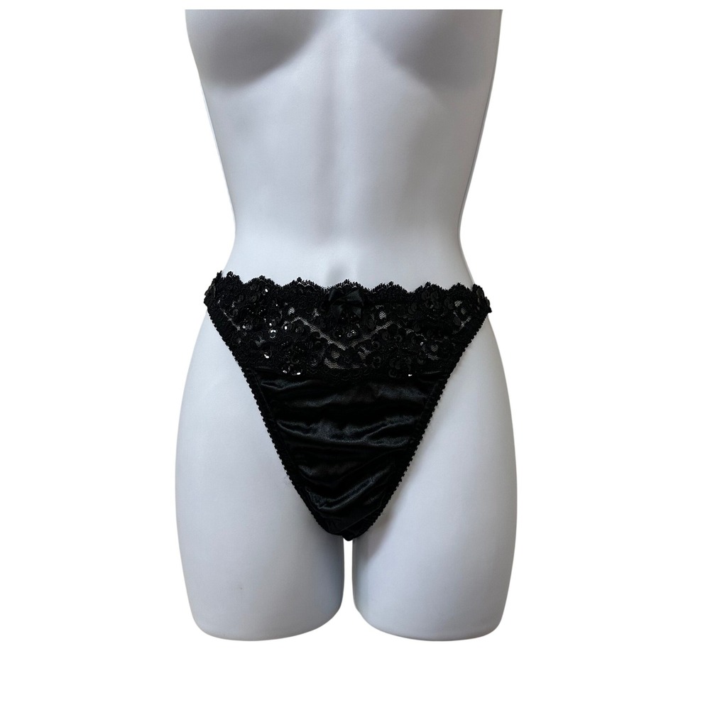 Vintage Victoria's Secret Black Satin Lace Sequin Thong Panty 6304 NWT Medium